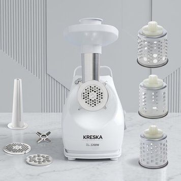 М&rsquo;ясорубка електрична KRESKA 390.51 (2200 Вт) з овочерізкою, м&rsquo;ясорубка шинковка, біла kk39051pol фото